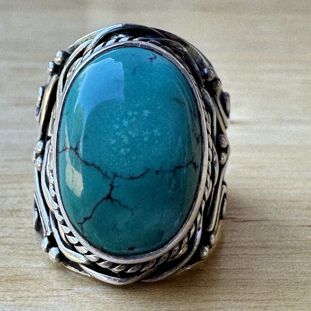VTG Artisan Ring Size 5.75 Blue Turquoise Chunky Ornate 925 Sterling 10.4g‎